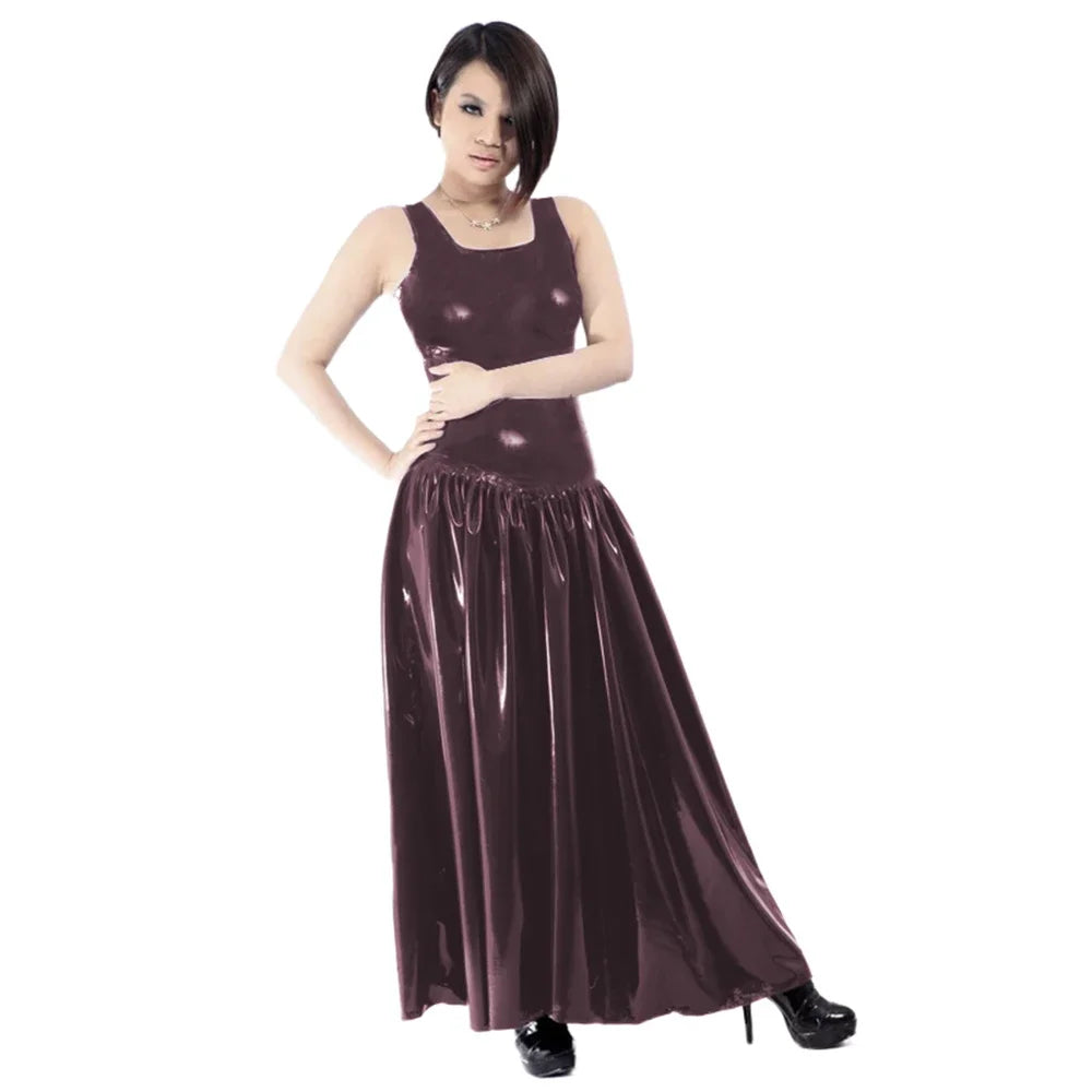 Maxy Women's PVC Tank Dress, Sleeveless Fit and Flared Dress, Raves Party Swing, Pleated Clubwear, Plus Size, Punk Fashion