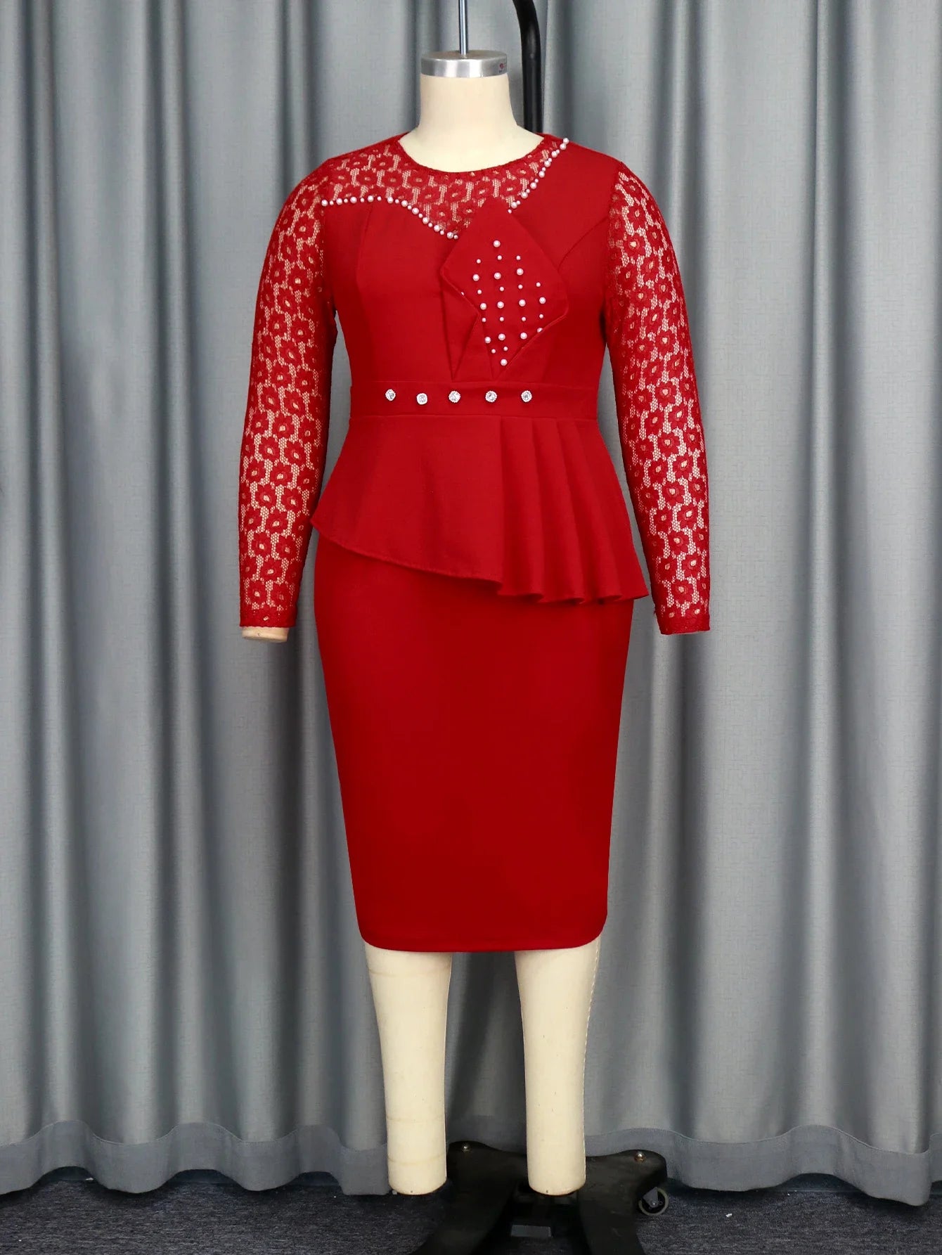 Stylish Women Red Lace Bodycon Dress O Neck Beading Long Sleeve Patchwork Sheath Wedding Guest Prom Banquet Gowns Plus Size 4XL