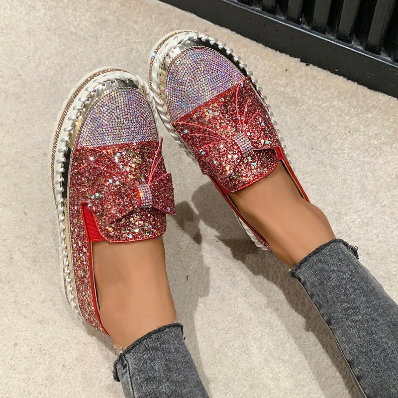 Maxy Fashion Women Shoes Shining Rhinestone Loafer Bowknot Slip-on Thick Botton Casual Ladies Crystal Female Platform Sneakers Sports