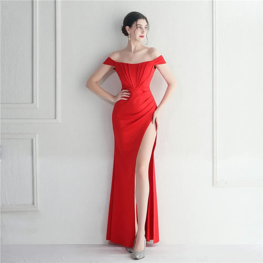 Maxy Evening Dress Red Stretchy Off the Shoulder Pleat Zipper Back Mermaid Trumpet Floor Length Slit Women Party Formal Gowns YE101