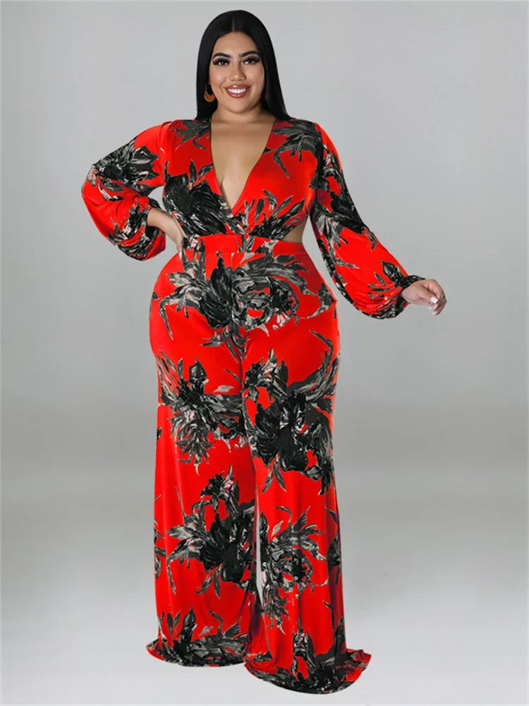 Amay Plus Size Jumpsuit Women Fall Clothes Print One Piece Outfits V Neck Wide Leg Office Ladies Romper