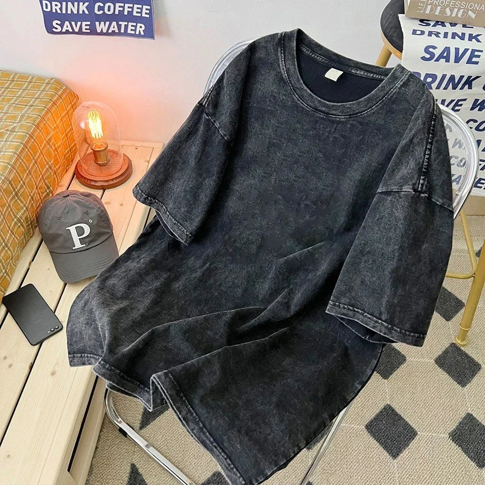 Maxy Acid Wash Short Sleeve Hip Hop Streetwear Tees Men's Washed T-Shirt Dropped Shoulders Vintage Casual T Shirt  Loose TShirt Women