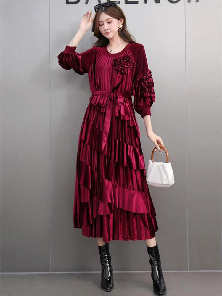 Maxy Evening Party 3D Flowers Dresses Women Round Collar A Line Lace-up Solid Color New Irregular Ruffles Dress 5G274