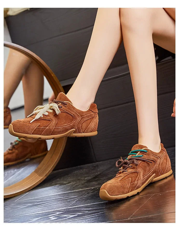 Maxy Autumn Women Genuine Leather Casual Sport Shoes Girl Flat Shoes Comfortable Lace-up Sneaker