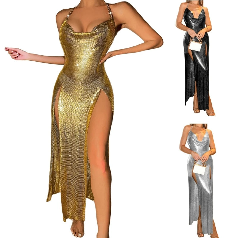 Maxy Glitter Metal Sequins Halter Cowl Neck Open Back Slit Evening Gown for Women Sparkling Rave Nightclub Bodycon Long Dress