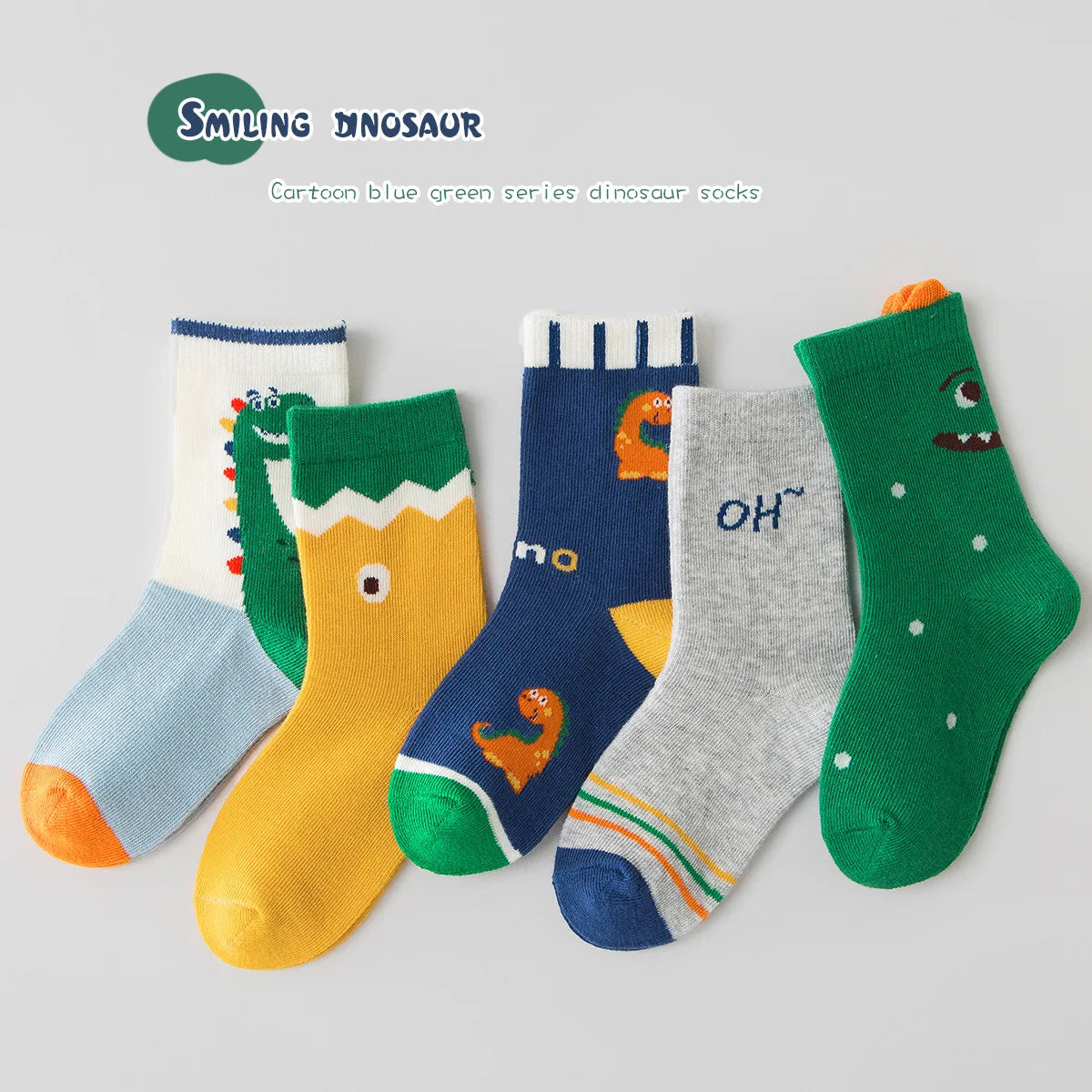 Maxy 5 Pairs Boys Autumn Socks Mid Calf Cotton Socks Smiling Dinosaur Socks Children Medium Socks  A Class Baby Kids Socks