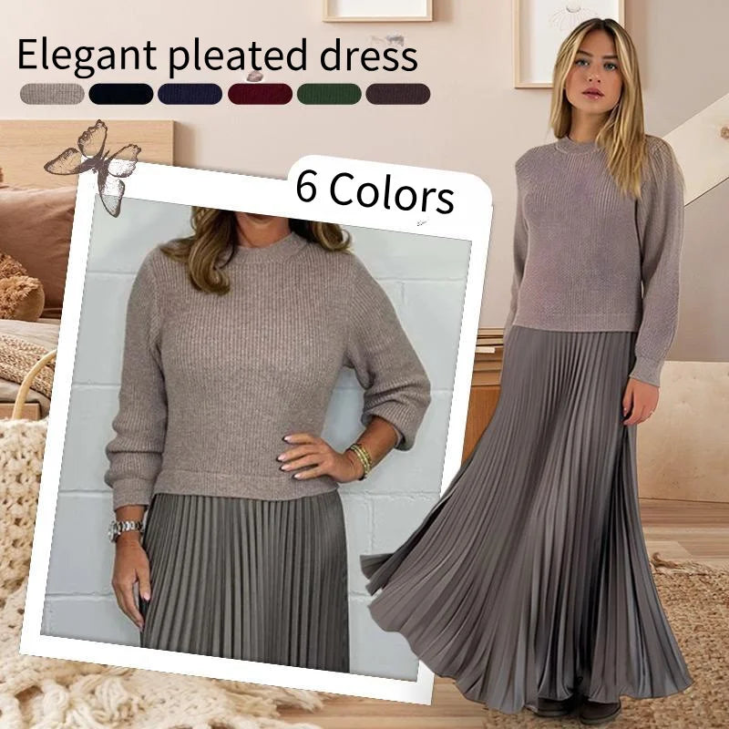 Maxy Women's solid color Long Sleeve Jumper Pleated Bottom Dress S-3XL Elegant and stylish pleat dresses with round neck for women