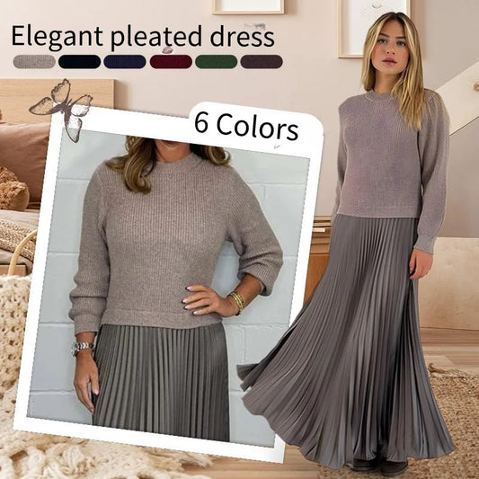 Maxy Women's solid color Long Sleeve Jumper Pleated Bottom Dress S-3XL Elegant and stylish pleat dresses with round neck for women