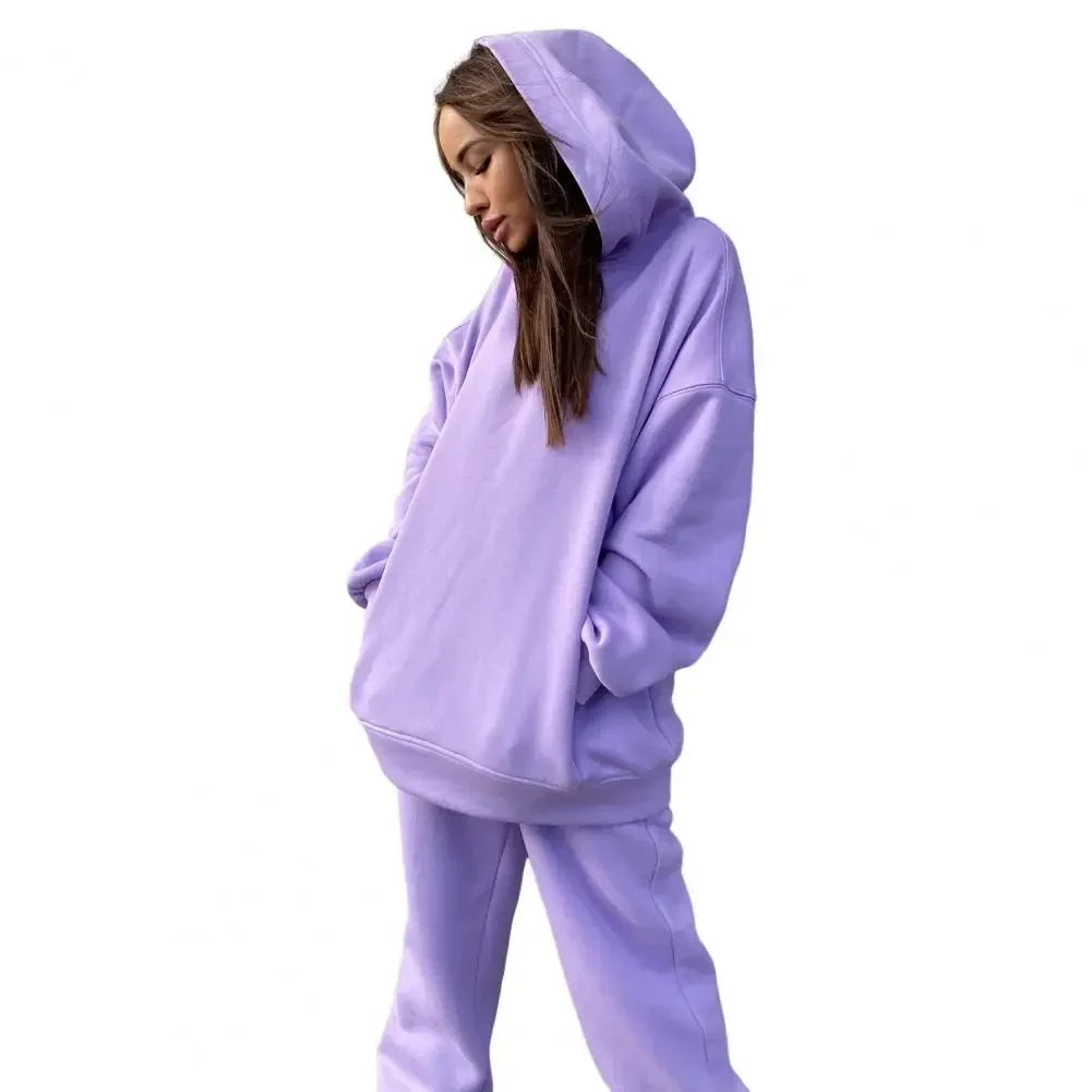 Maxy Winter Tracksuit Women Two Piece Set Solid Warm Suits Hoodies Sweatpants Oversized Pullovers Long Pant Sportswear