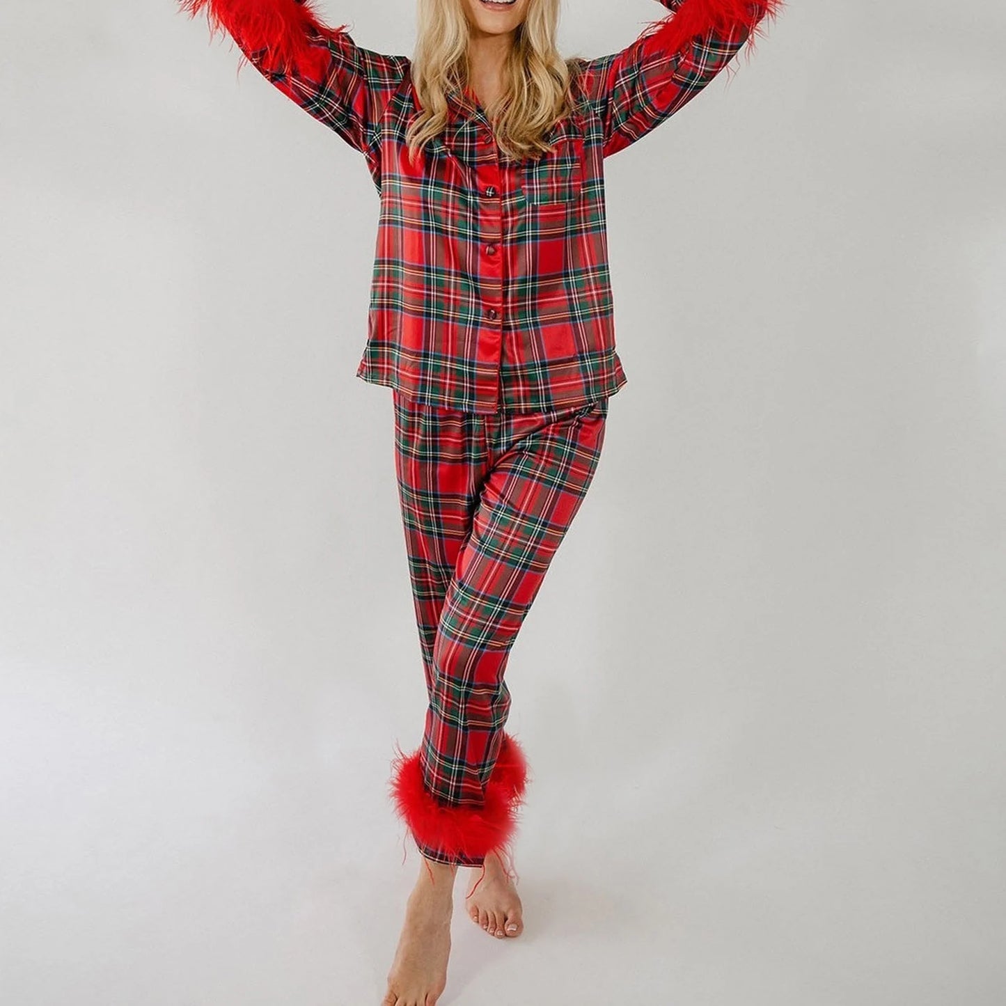 Zay Women's Pajama Set 2 Piece Feather Plaid Underwear Long Sleeve Lapel Button Up Shirt Tops and Pants Sleepwear Sets