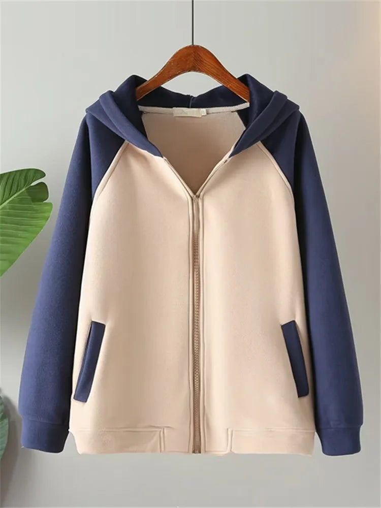 Maxy Plus Size Women's Clothing Autumn Winter Hoodies &Sweatshirts Hooded Long Sleeves Mixed color Warm Sweatshirt With Fleece Inside