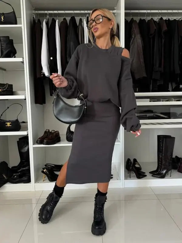 Maxy New Dress With Sweatshirt Two Piece Sets Women Fashion Solid Lantern Sleeve Pullover Top Outfits Autumn Winter Tank Dresses Suit