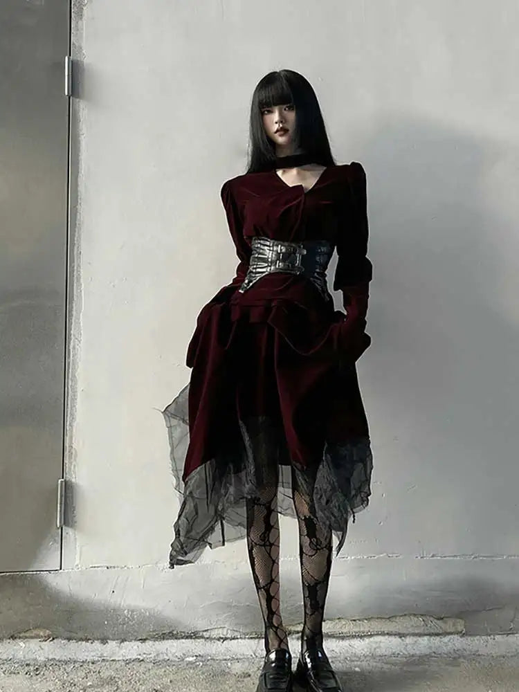 Maxy Women Long Velvet Dress Waist Cincher 2-piece Set Retro Red Cut-out Irregular Hemline Lace Stitch Y2k Goth Party Gown