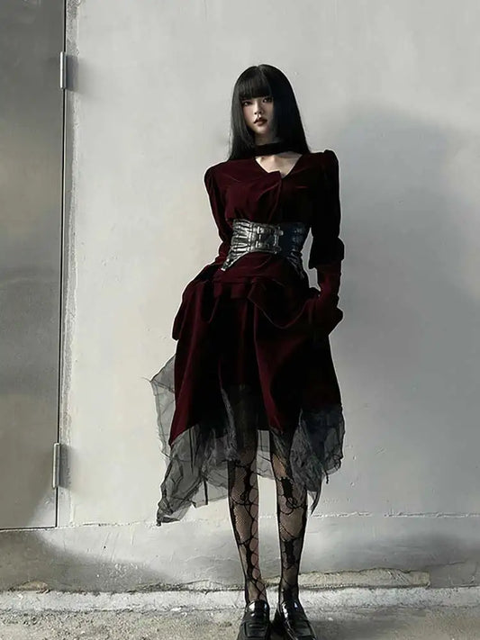 Maxy Women Long Velvet Dress Waist Cincher 2-piece Set Retro Red Cut-out Irregular Hemline Lace Stitch Y2k Goth Party Gown