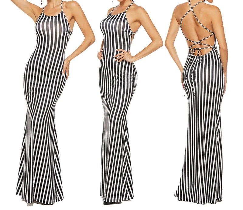 Zay Women Vintage Boho Striped Long Maxy Evening Party Dress Backless Strap Sundress Women clothes