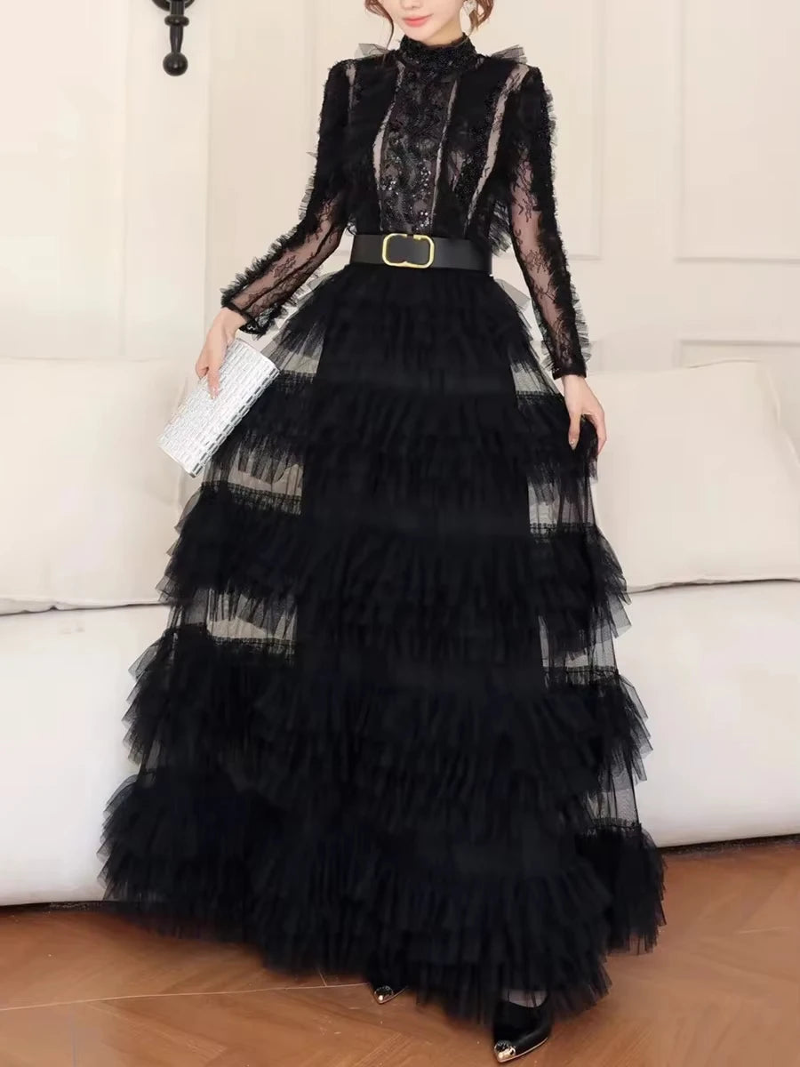 Amay Spliced Lace Hollow Mesh Dresses for Women Stand Collar Long Sleeves High Waist Slim Spliced Sashes Party Dress Female
