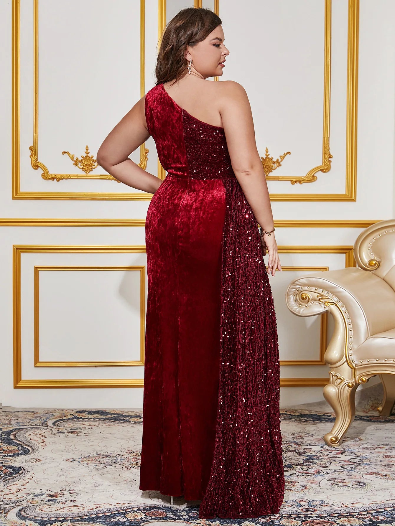 Maxy Plus Size Long Evening Dress Women Fashion Side Slit Red Sequins Splicing Dresses Slant Shoulder Sleeveless Elegant Party Gowns