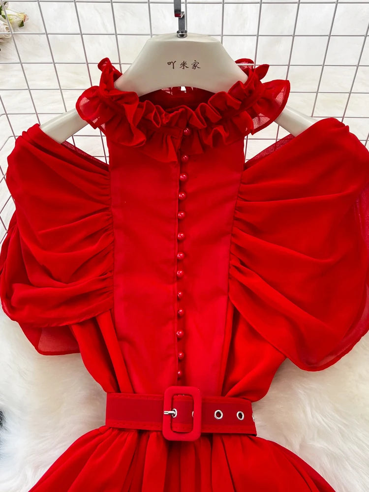 Amay Summer Women Red/Purple/Blue/Yellow Stand Collar Hollow Out Off Shoulder Chiffon Party Dress Vintage Short Sleeve Irregular Robe