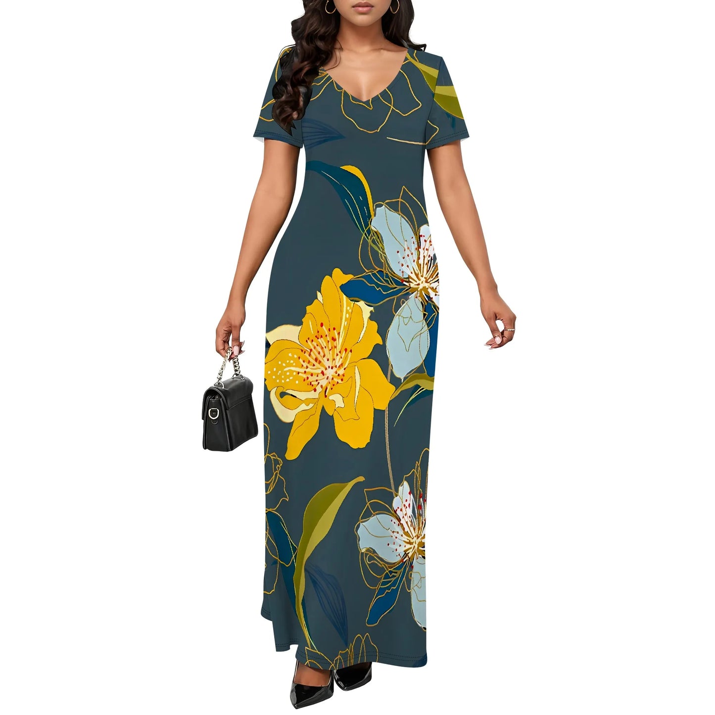 Maxy Women's Multicolor Floral Print Maxy Short Sleeve V Neck Long Dress Casual Summer Beach Holiday Wear
