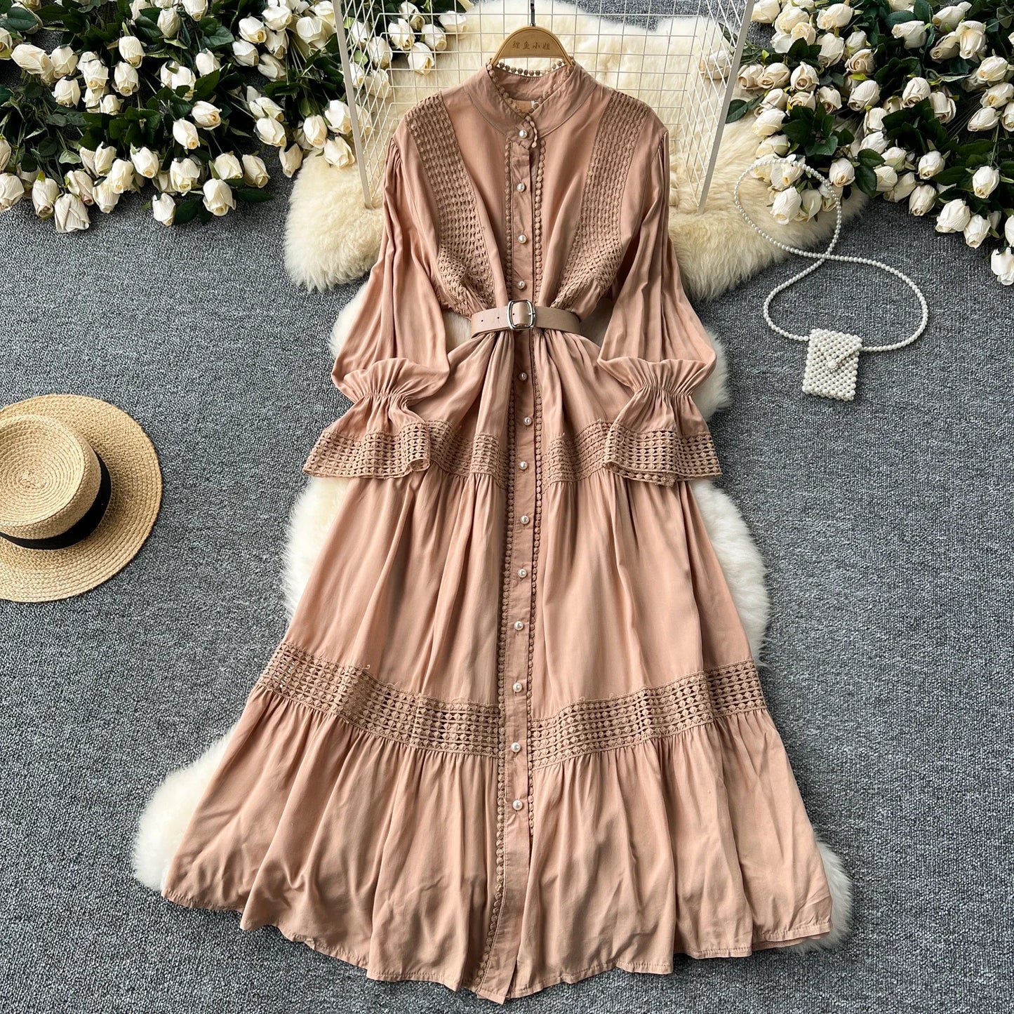 Maxy Retro Elegant Summer Stand Collar Flare Sleeve Single Breasted Lace Spliced Dress A-line French Evening Party Women Dresses