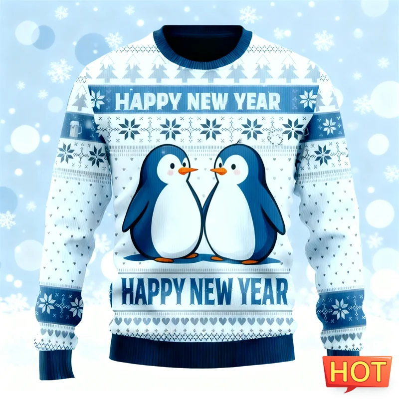 Maxy New Happy New Year Letters Sweatshirts Simple Fashion Holiday Wear 3D Printed Ugly Christmas Sweater Casual Oversized Tops