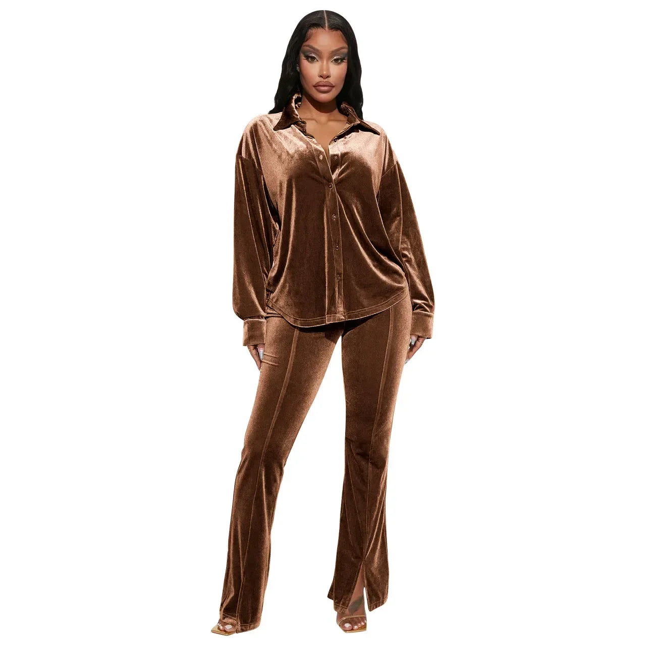 Maxy Women New Fashion Long Sleeve Lapel Shirt Leg Slit Long Pants Pure Color Lady Two-Piece Set