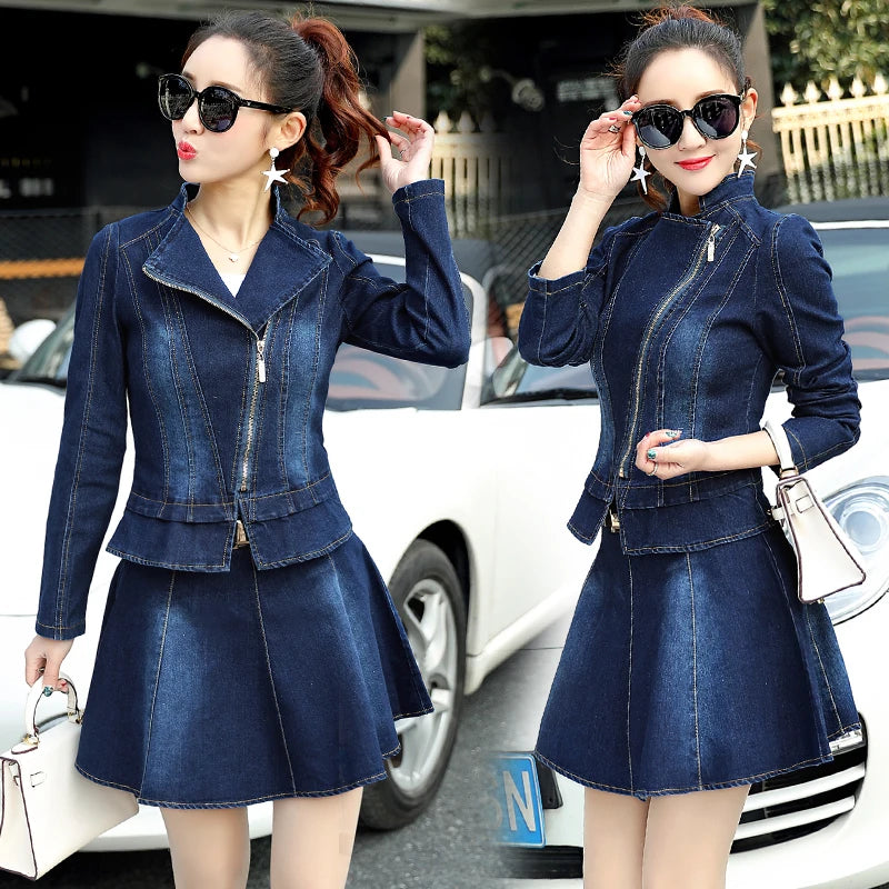 Visco Denim Jacket Skirt Suit New Spring Fashion Elegant Casual 2 Piece Set Women Zipper Jeans Coat And Mini Swing Skirts Suits W976