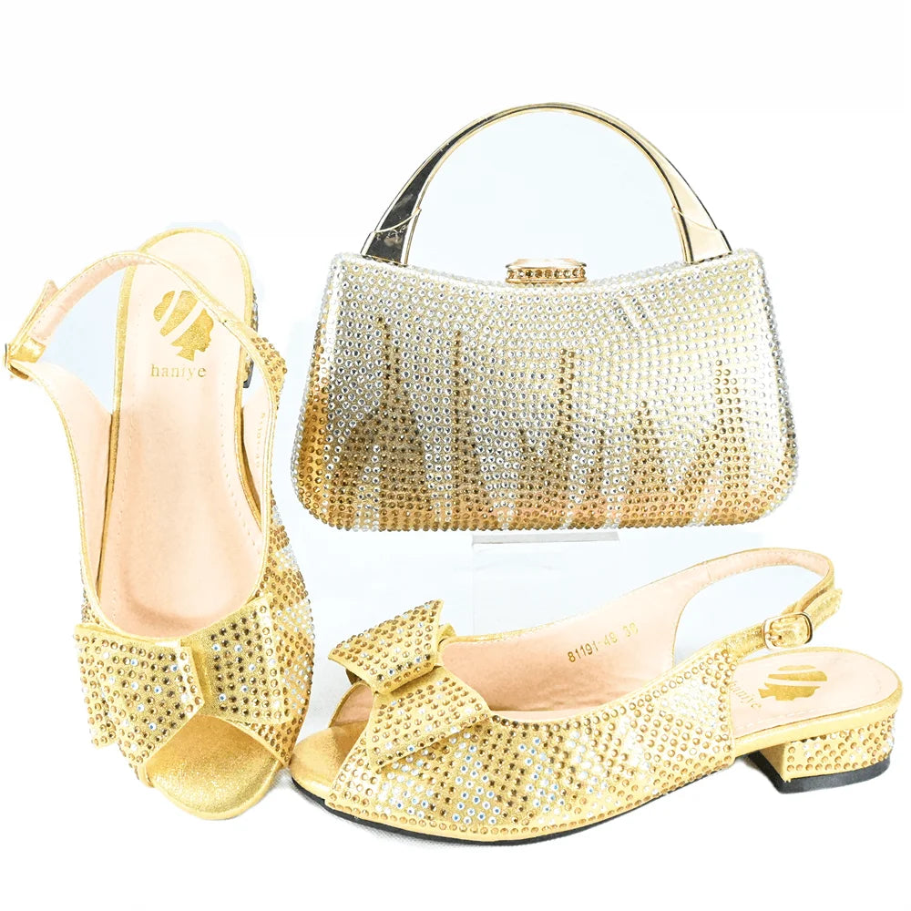 Babs High Quality 2024 Spring Summer New Design in Gold Color Casual Style Italian Women Shoes and Bag Set for Wedding Party