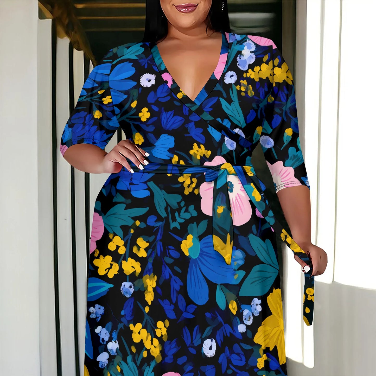 Maxy Plus Size Women's 3/4 Sleeve V-Neck Floral Print Wrap Maxy Dress Elegant Bohemian Casual Dress