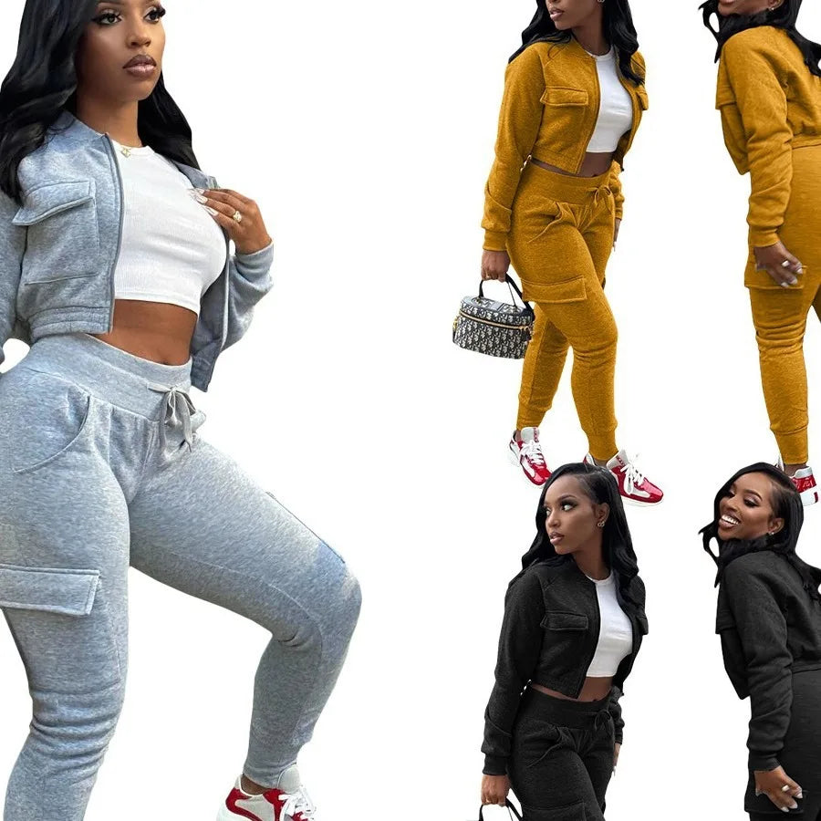 Women Pant Sets Tracksuit Zipper Short Coats Solid Pocket Two Piece Drawstring Pencil Pants Casual Spliced Thick Sporty