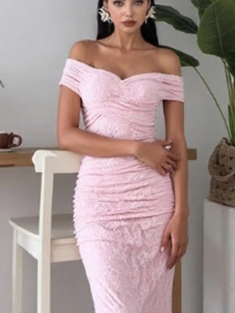 Maxy Chic Elegant Women Lace Evening Dresses Off-shoulder Pink Famale Mermaid Split Night Prom Formal Gowns For Party