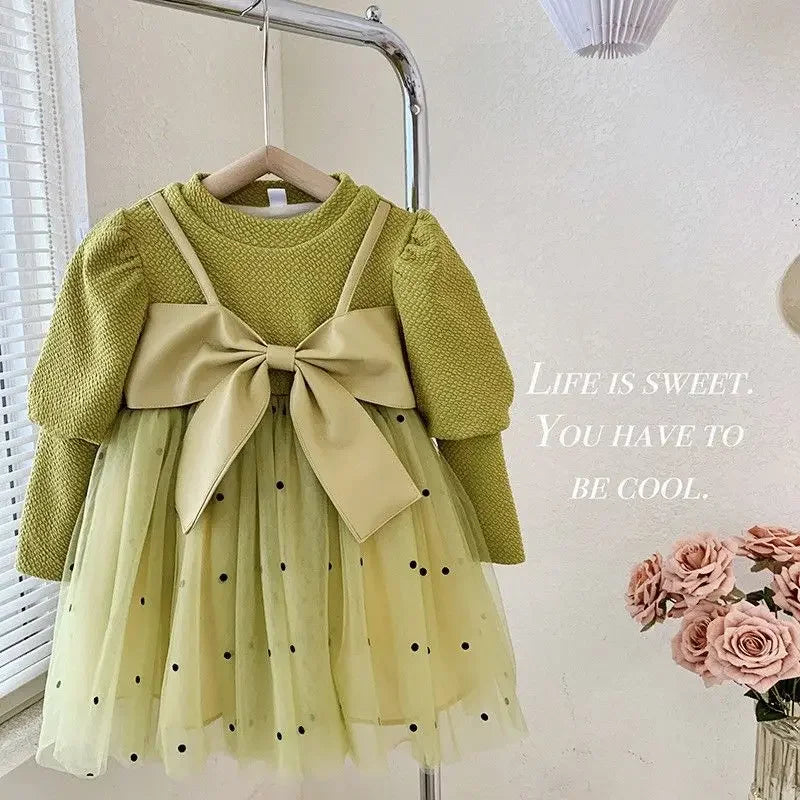 Maxy Children's Clothing Fake Two Pieces Solid Korean Kids Round Neck Patchwork Big Bow Long Sleeve Girls Party Fluffy Yarn Dresses