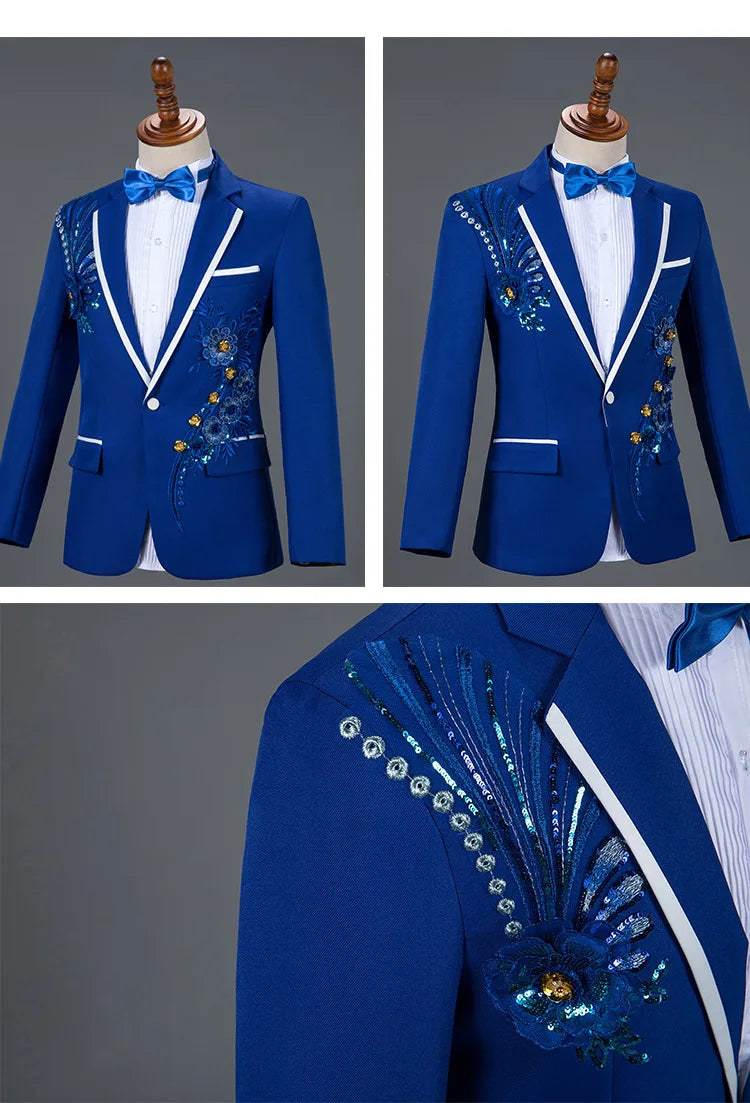 Amay Royal Blue Sequin Embroidery Suit Men Wedding Groom Tuxedo Suits Pants Mens One Button Peak Lapel Stage Costume Traje Hombre 2XL