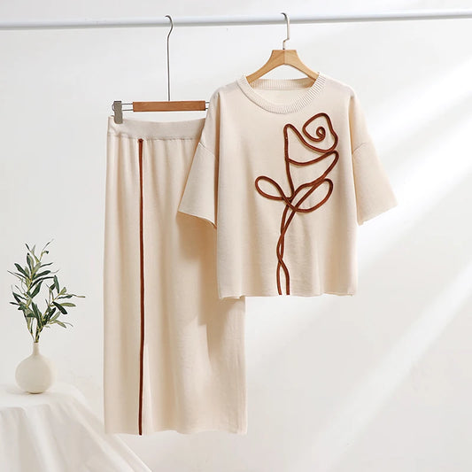 Maxy Casual Spring Summer Knitted Two Piece Women Sets Loungewear Knit Skirt 2 Piece Set Floral Short Sleeve Knitted Dress Sets Women