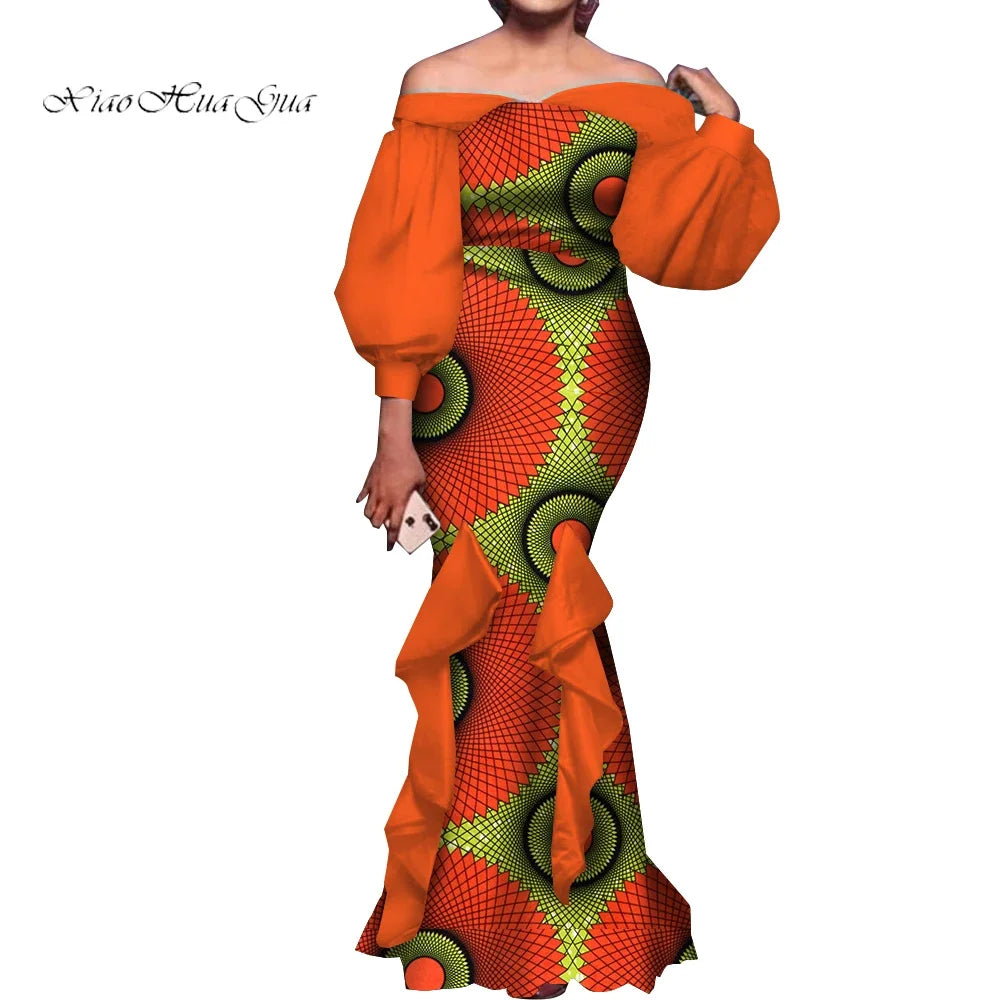 Amay Fashion Women Ankara Dresses Flash Neck Puff Sleeve Long Dress African Dress Robe Africaine Femme Evening Mermaid Dress WY1848
