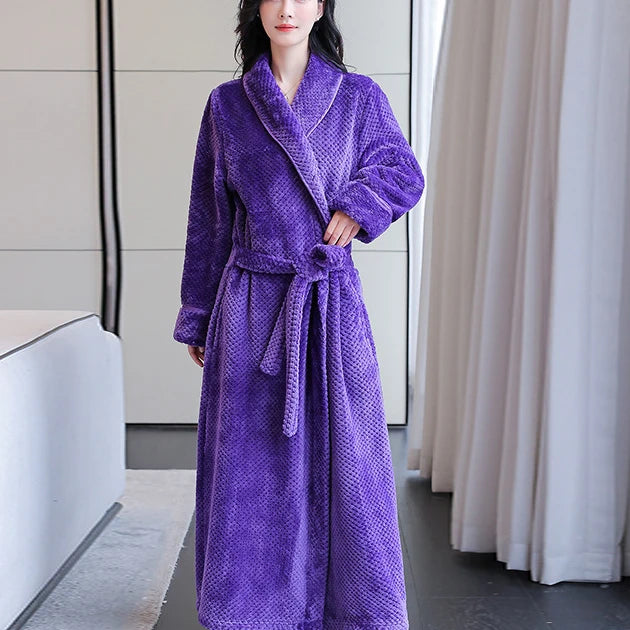 Maxy Autumn Winter Flannel Women Long Robe Nightgown Thicken Warm Bathrobe Sleepwear Loose Casual Coral Fleece Home Dress Lounge Wear