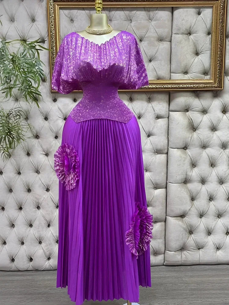 Maxy 2 Piece Women's Suit Elegant Plus Size Pleated Stretchy Glitter Top Skirt Dress Luxury Party Dress Long Prom