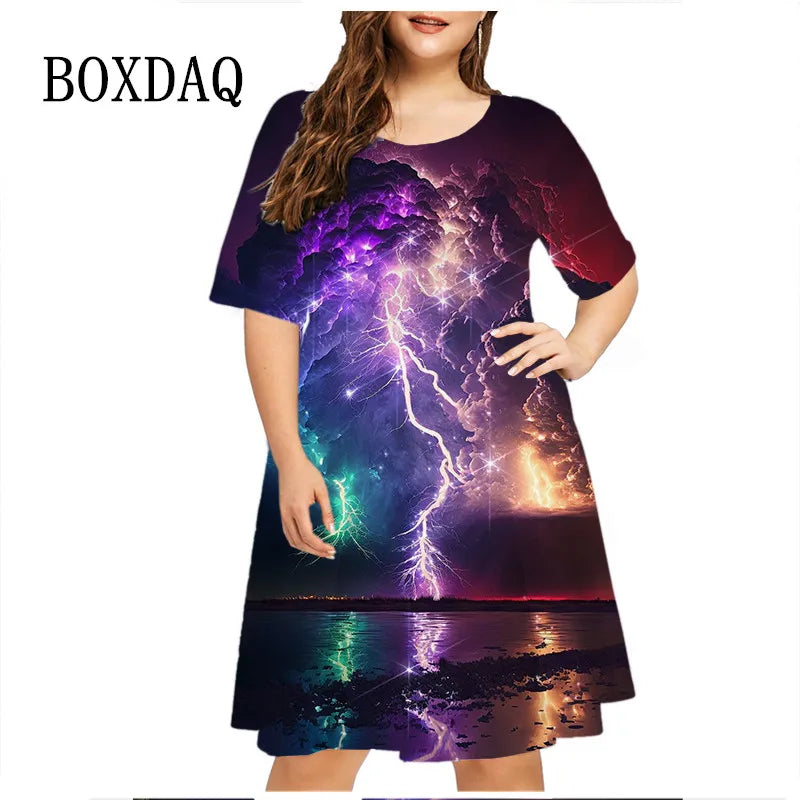 Maxy Thunder Lightning Pattern Women Dress Short Sleeve O-Neck Tie Dye 3D Print Summer Dress Plus Size Ladies Casual Loose Dress 6XL