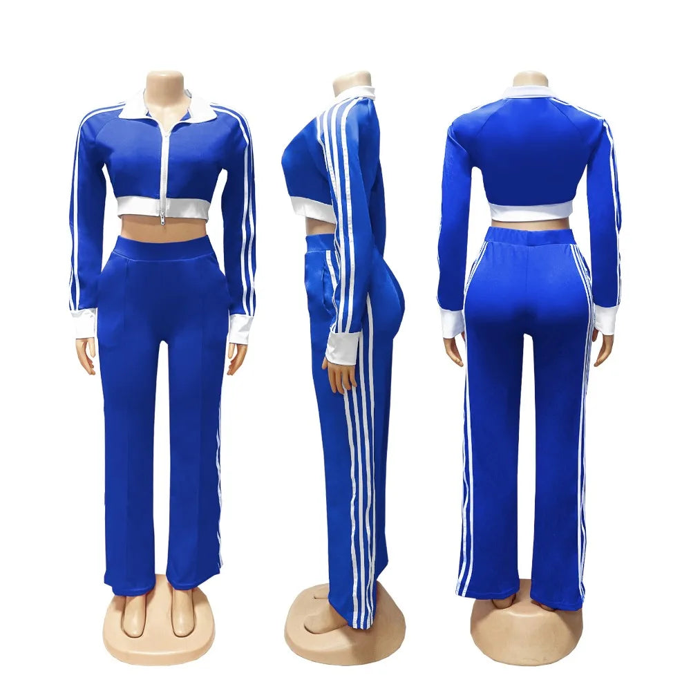 Maxy HLJ Autumn New Patchwork Sporty Two Piece Sets Women Zipper Long Sleeve Crop Top And Pants Outfits Fashion Stripe 2pcs Tracksuit