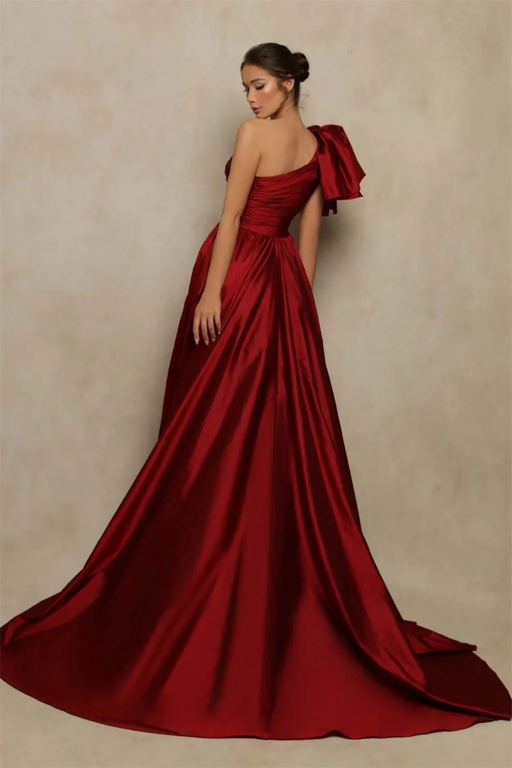 Maxy Wine Red Satin Prom Gown A-line Side High Split One Shoulder Evening Formal Elegant Sleeveless Floor-Length Party Dresses