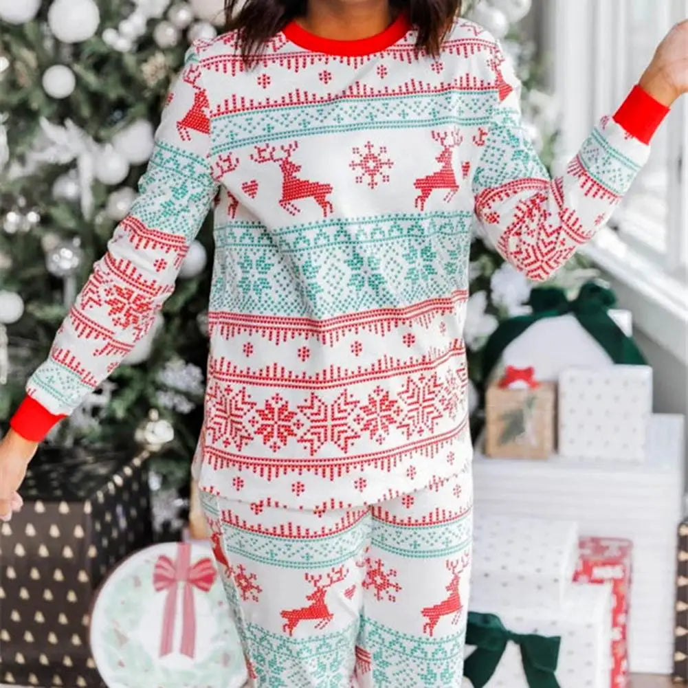 Family Christmas Pajamas Parent-child Outfit For Family Christmas Deer Reindeer Printed Long Sleeve Tee And Bottom Loungewear