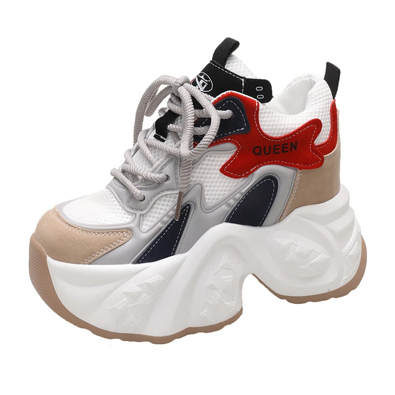 Maxy Spring Autumn High Top Leather Casual Shoes Comfy Breathable Mesh High Platform Shoes 10CM Wedge Heels Walking Chunky Sneakers