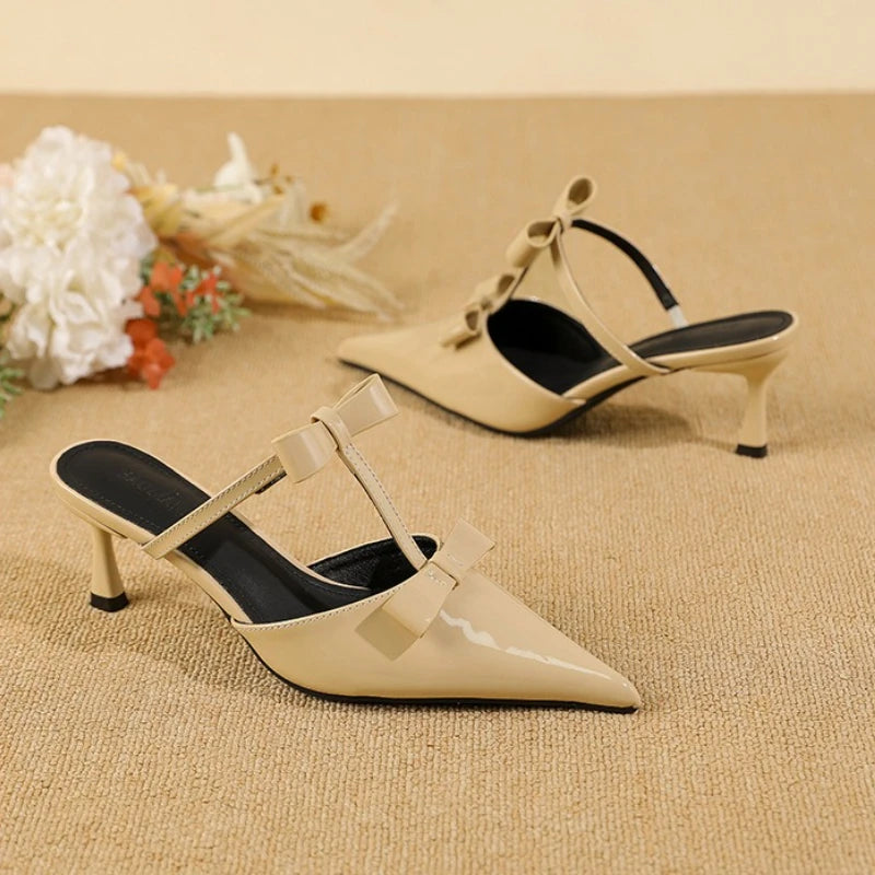 Maxy Elegant Patent Leather Bows Women's Heels Summer Sexy Pointed Toe High Heeled Slippers Fashion Design Sandals Ladies