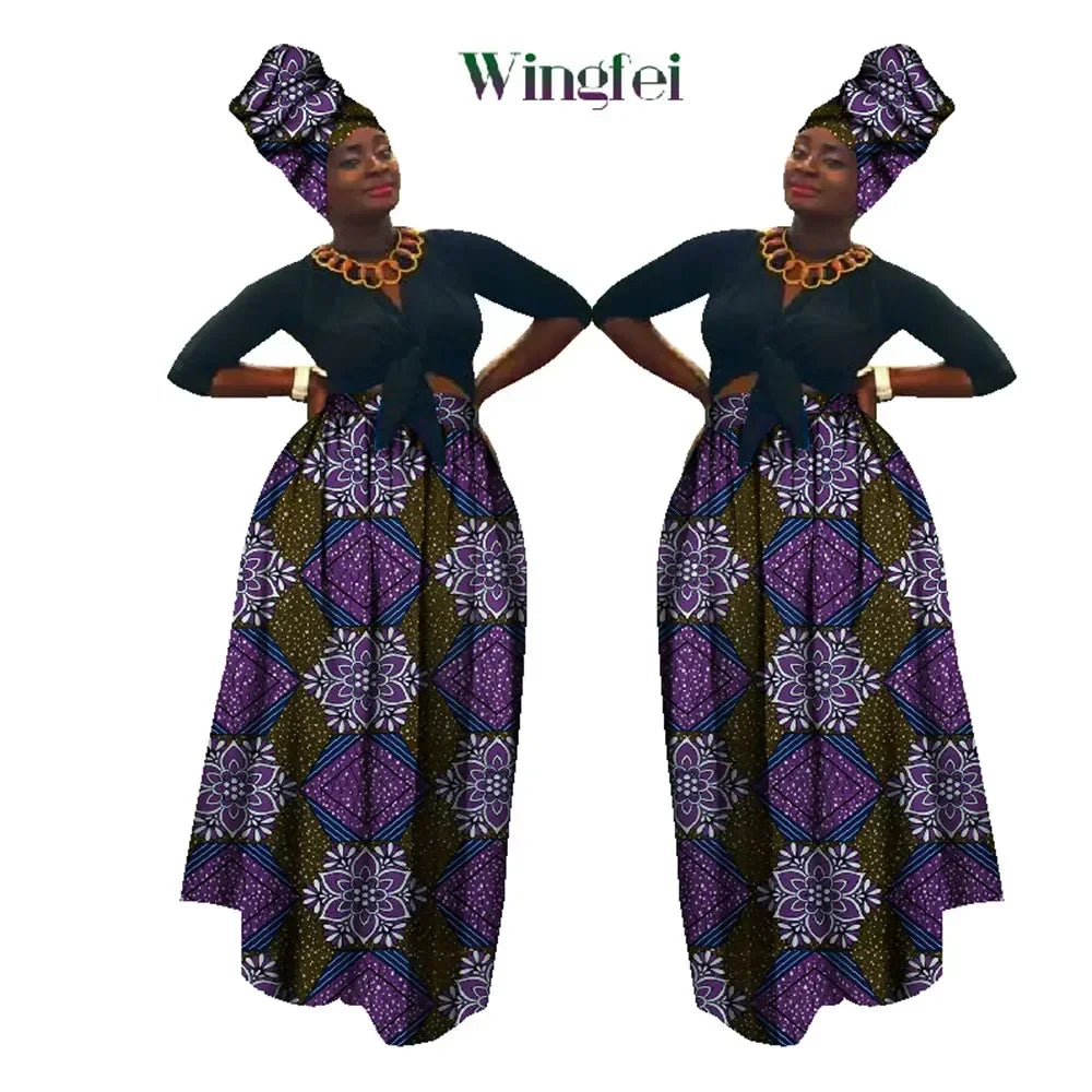 Dashiki African High Waist Ball Grown Skirt Bazin Riche African Skirt and African Headscarf 2 Pieces Lady Maxi Long Skirt WY1270