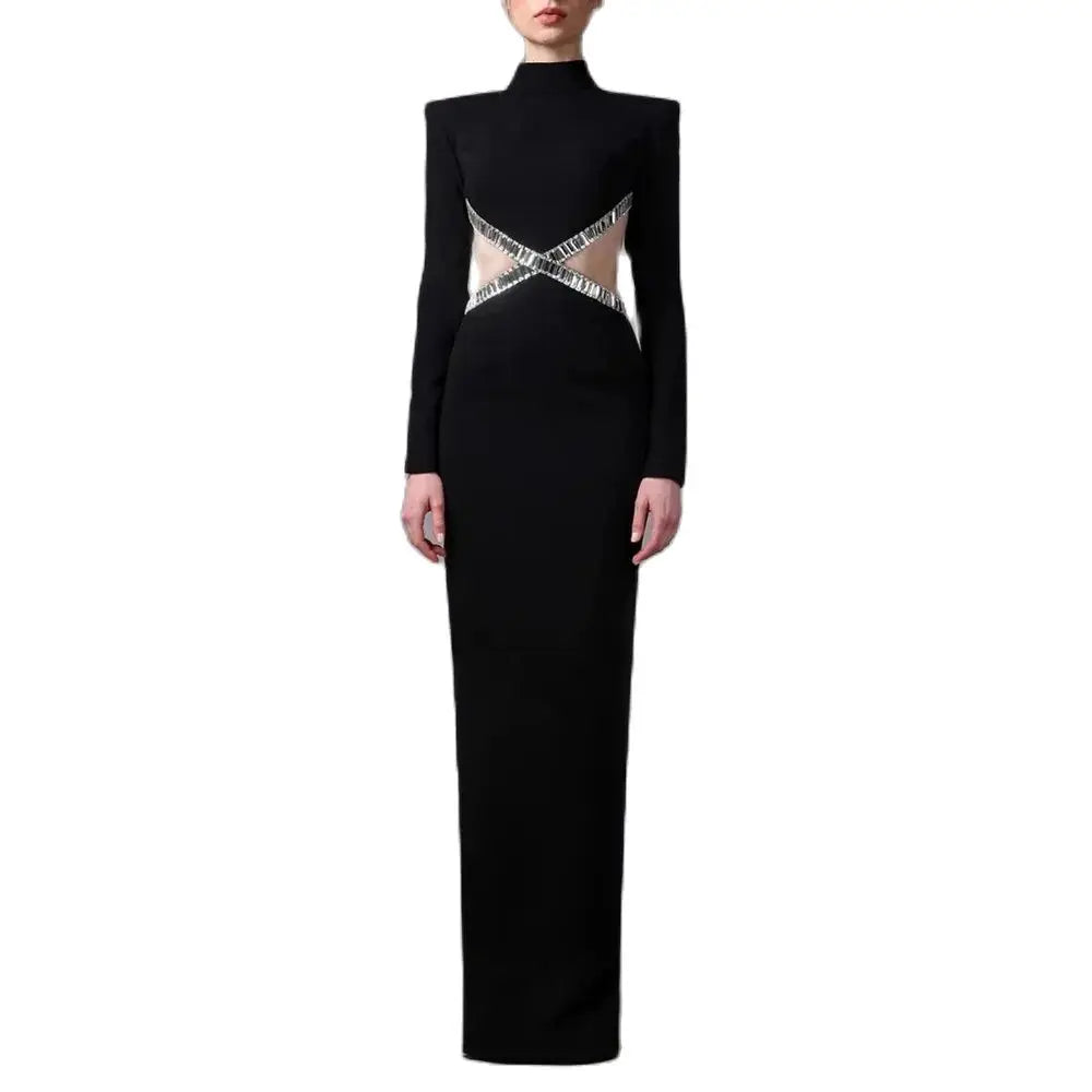 Maxy Women Long Diamonds Gown Elegant Evening Bandage Dresses Long Sleeve Backless Celebrity Party Hollow Out Bodycon Maxy Dresses