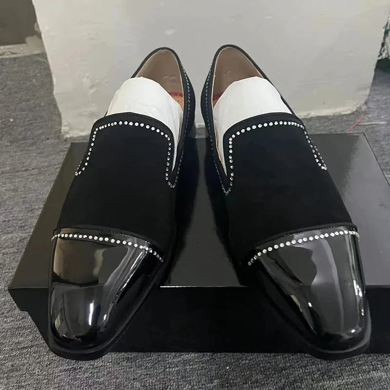 Visco Black Suede Rhinestone Wedding Shoes Man Pointed Toe Leather Patchwork Slip On Flats Male Sexy Party Shoes