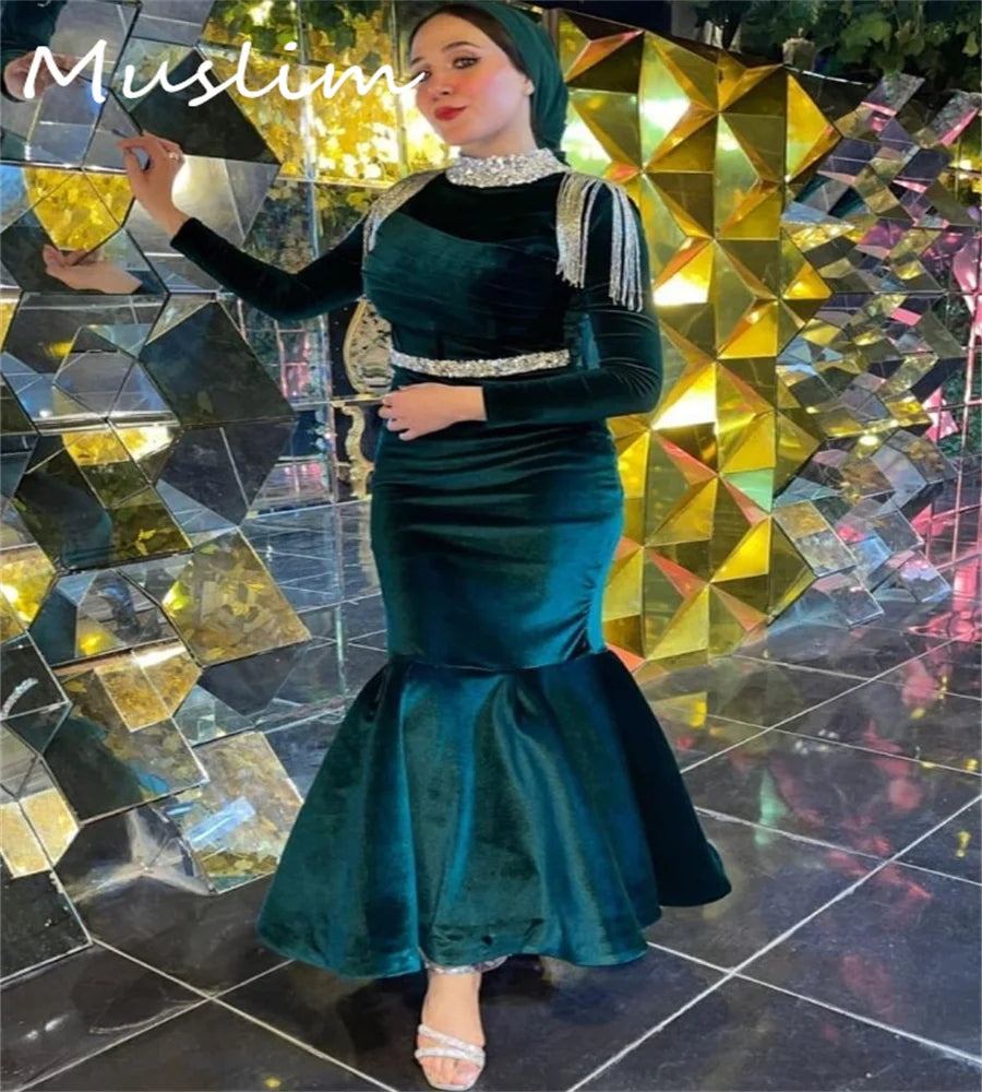 Maxy Exquisite Green Turkey Evening Dress Crystal Tassel Mermaid Midi Prom Dress Velvet Birthday Gown Fiesta Customized