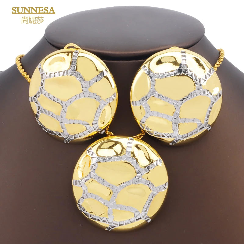 SUNNESA Leaf Shape Big Pendant Necklace Luxury Dubai Jewelry Set for Women Wedding 18k Gold Plated African Drop Earrings