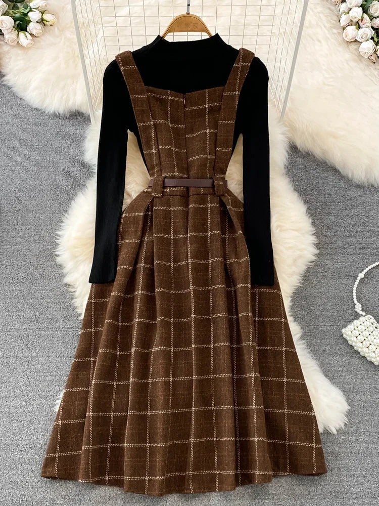 Maxy High Quality Fall Winter Women Sweater Overalls Dress Sets Casual Knitted Tops +Plaid Woolen Dress 2 Piece Sets Outfits Female