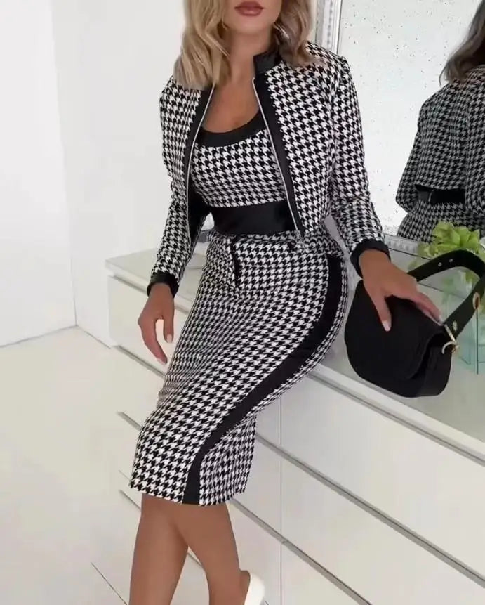 Maxy 3 Two Piece Set for Women Autumn Winter Spaghetti Top and Skirt Sets Elegant Office Houndstooth Print Dress With Coat Suit